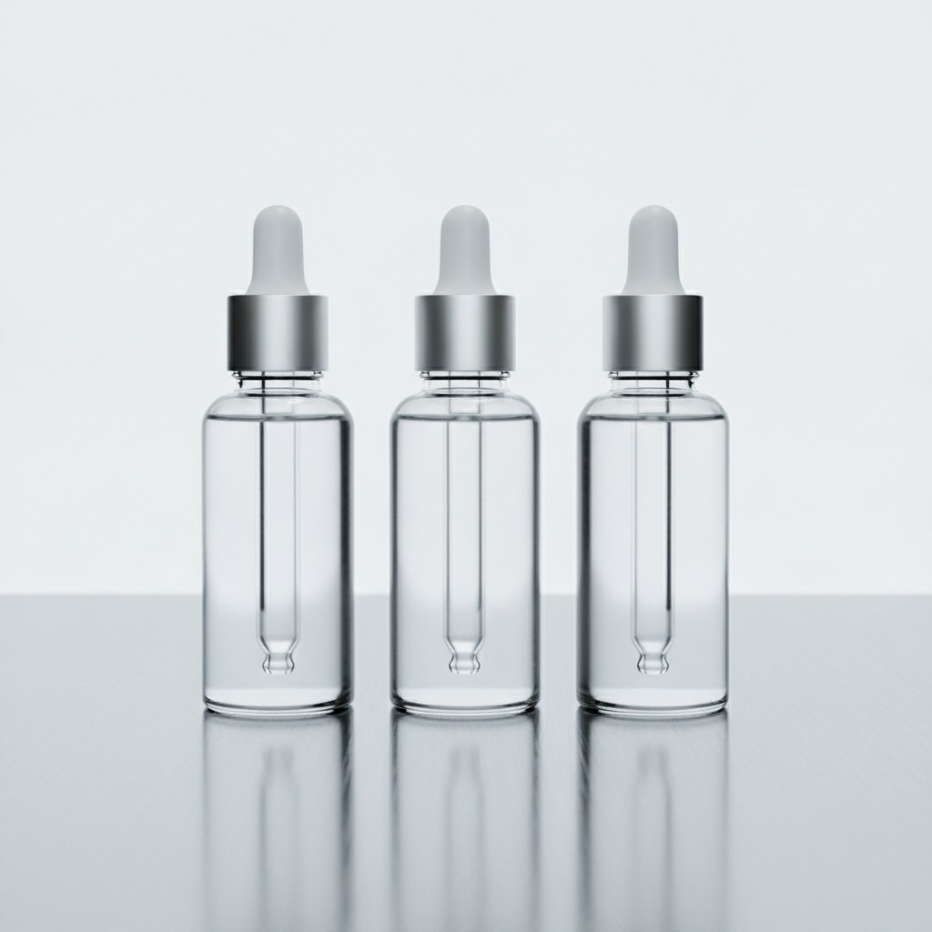 Three glass dropper bottles of hair loss treatment serum